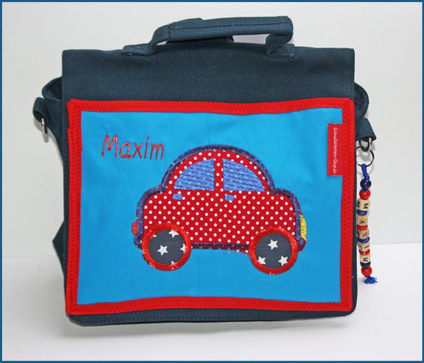 Rucksack, Kindergartentasche mit Namen – blau/hellblau – Motiv Auto