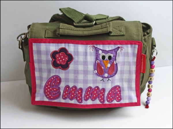 Rucksack, Kindergartentasche mit Namen – oliv – Motiv Eule