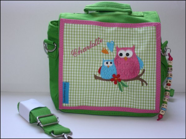 Rucksack, Kindergartentasche mit Namen – grün – Motiv Eule