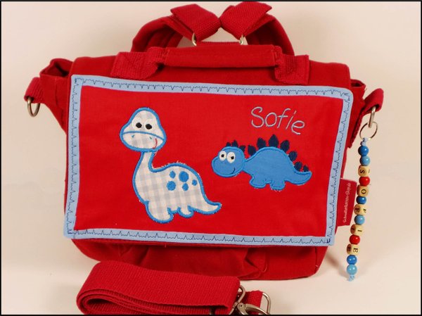 Rucksack, Kindergartentasche mit Namen – rot – Motiv Dino