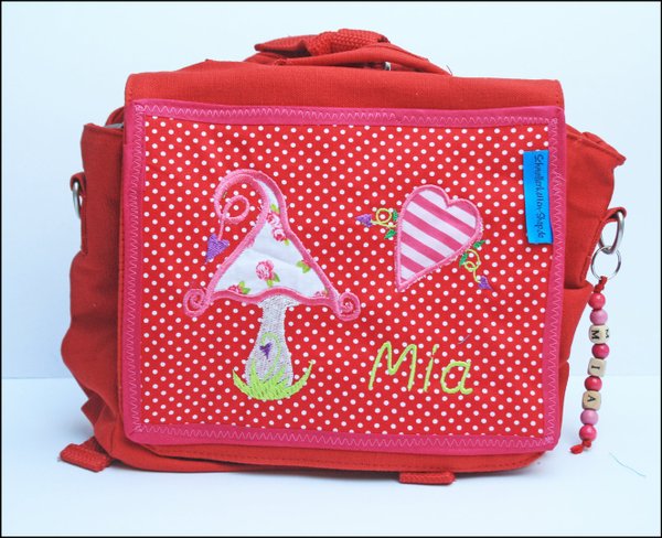 Rucksack, Kindergartentasche mit Namen – rot/rosa – Motiv Pilz