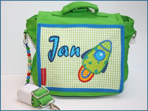 Rucksack, Kindergartentasche mit Namen – grün – Motiv Rakete