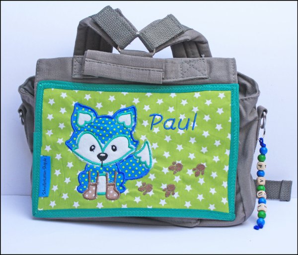 Rucksack, Kindergartentasche mit Namen – grau/grün – Motiv Katze