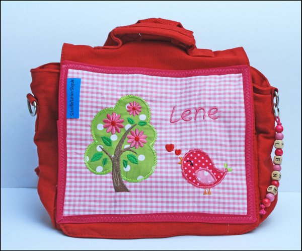 Rucksack, Kindergartentasche mit Namen – rot/rosa – Motiv Vogel