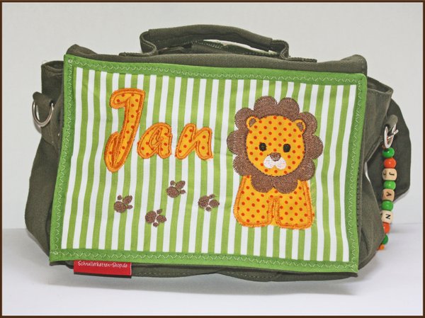 Rucksack, Kindergartentasche mit Namen – oliv/grün – Motiv Löwe