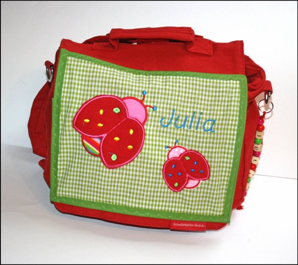 Rucksack, Kindergartentasche mit Namen – rot/grün – Motiv Käfer