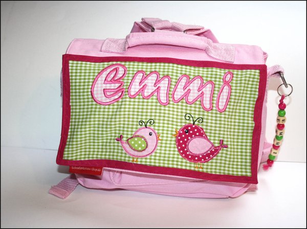 Rucksack, Kindergartentasche mit Namen – rosa/grün – Motiv Vogel