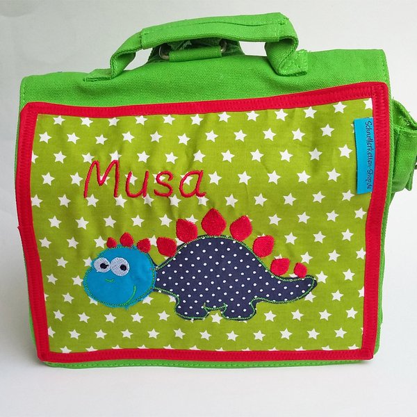 Rucksack, Kindergartentasche mit Namen – grün – Motiv Dino